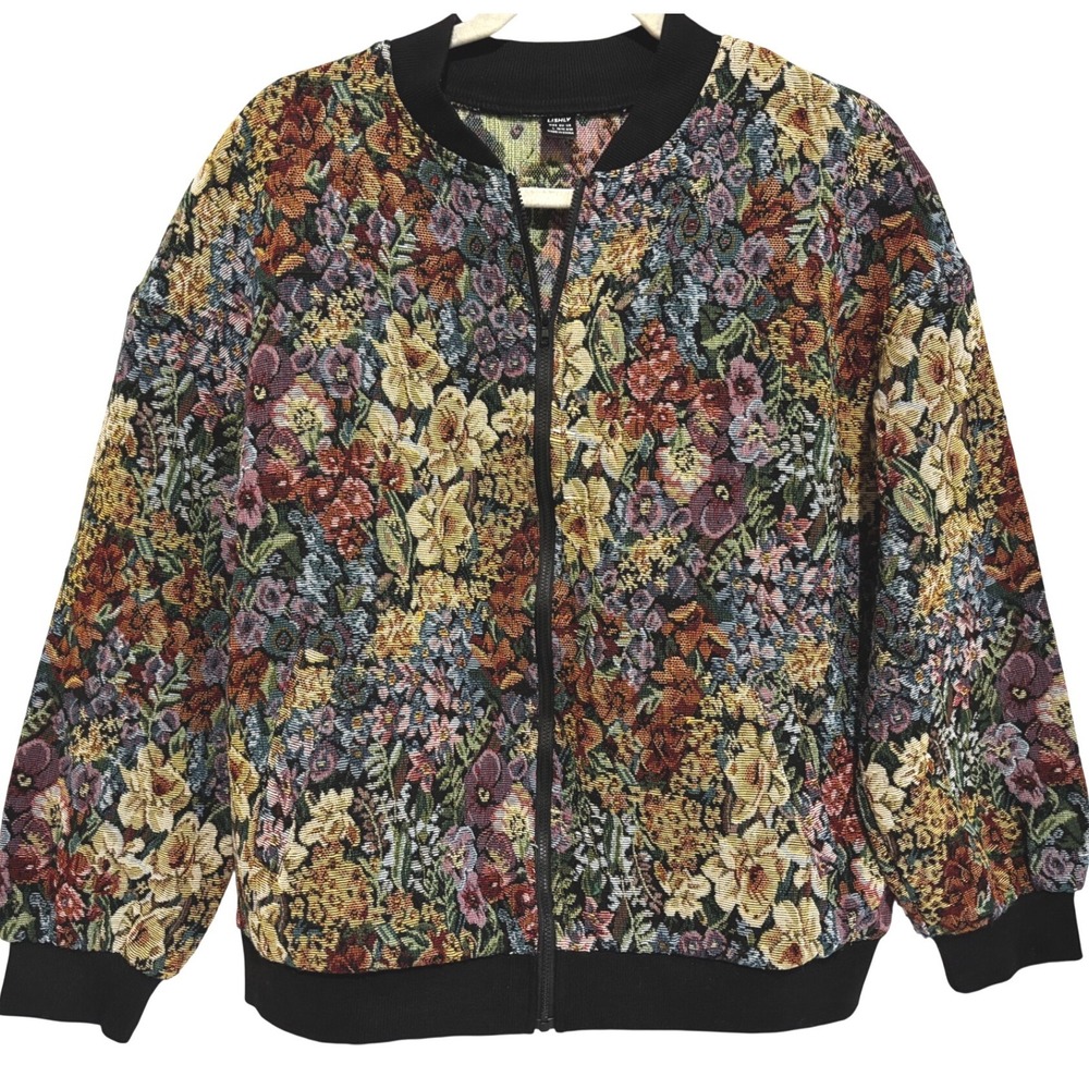 LISHLY Floral Tapestry Bomber Jacket Womens L‎ Zip Boho Grandmacore dark fairy